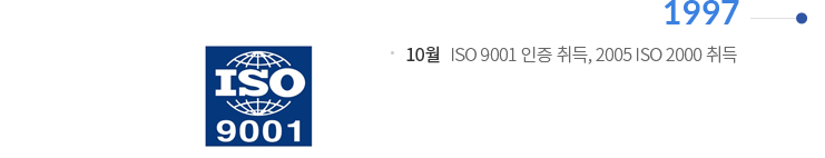 1997 | 10월 : ISO 9001 인증 취득, 2005 ISO 2000 취득